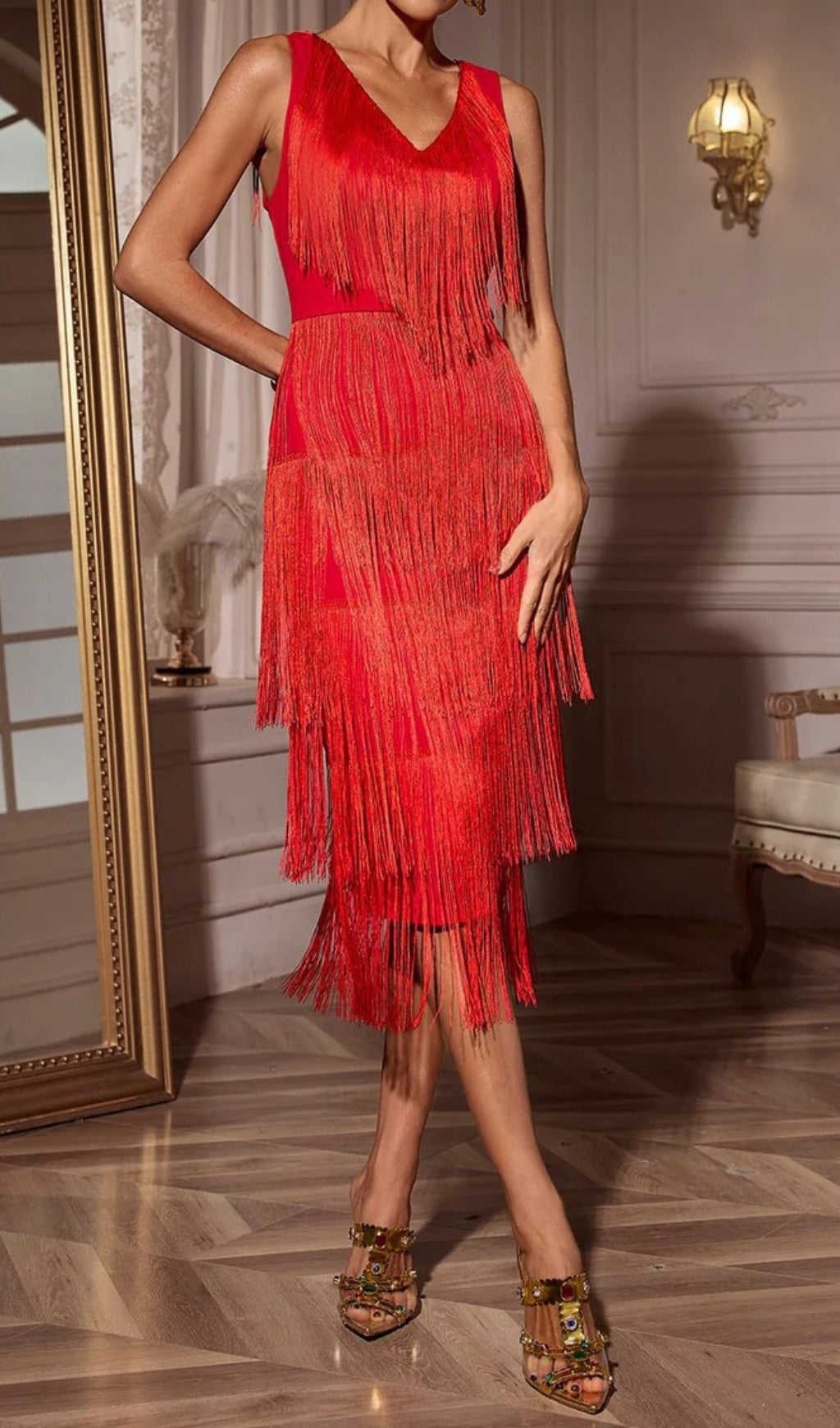 Chava Red V-Neck Fringe Midi Dress