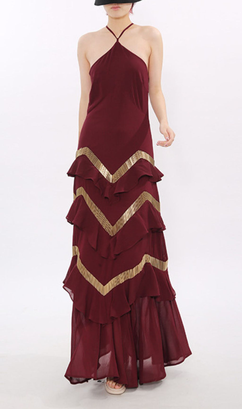 Jia Wine Red Halter Maxi Dress with Golden Chevron Ruffles