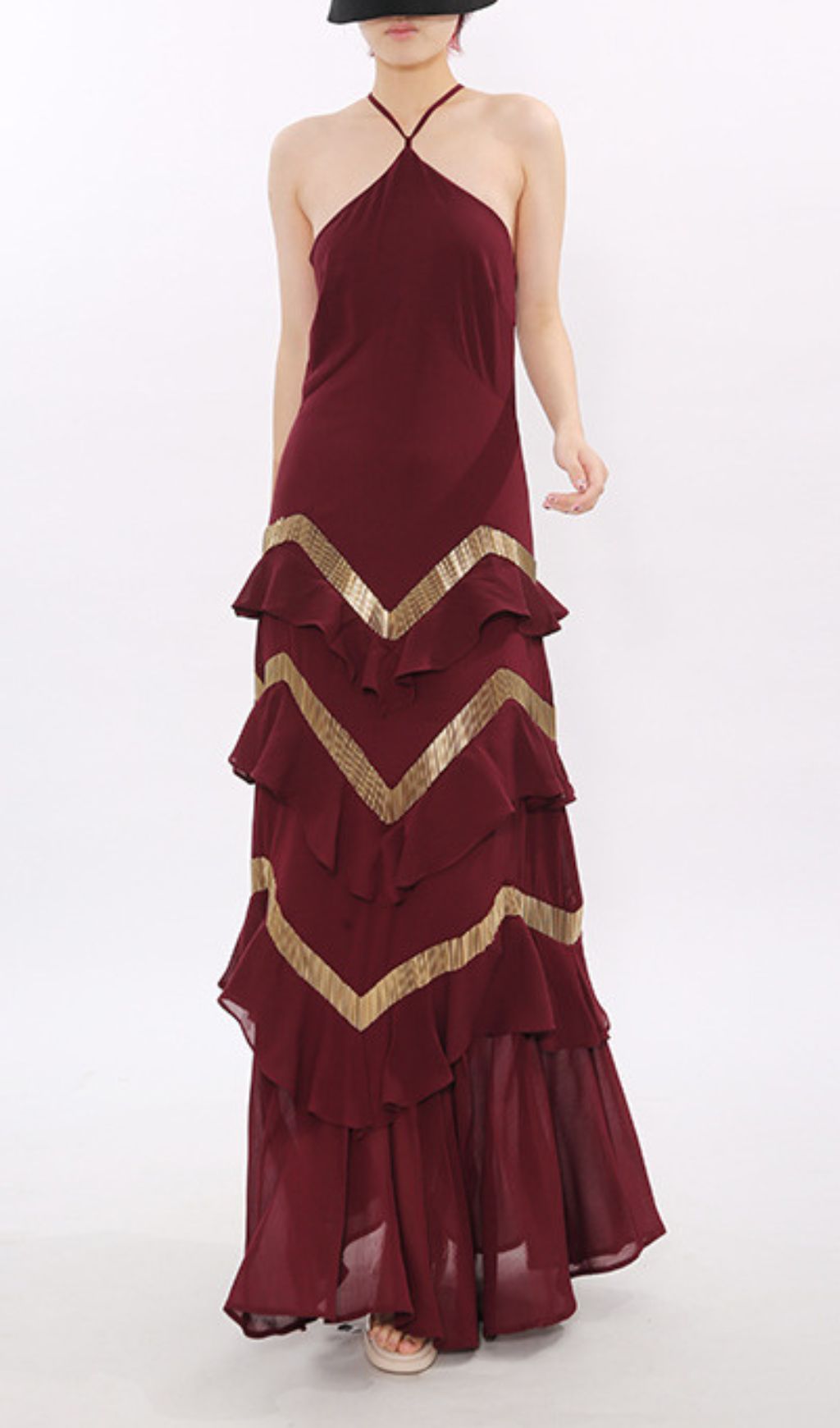 Jia Wine Red Halter Maxi Dress with Golden Chevron Ruffles