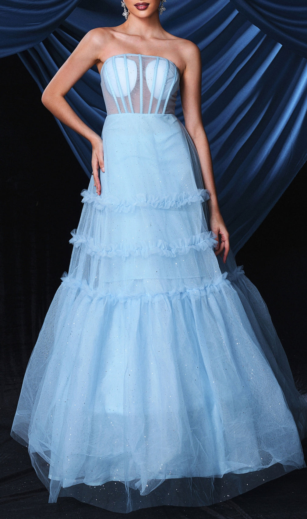 Borime Blue Corset Mesh Maxi Dress