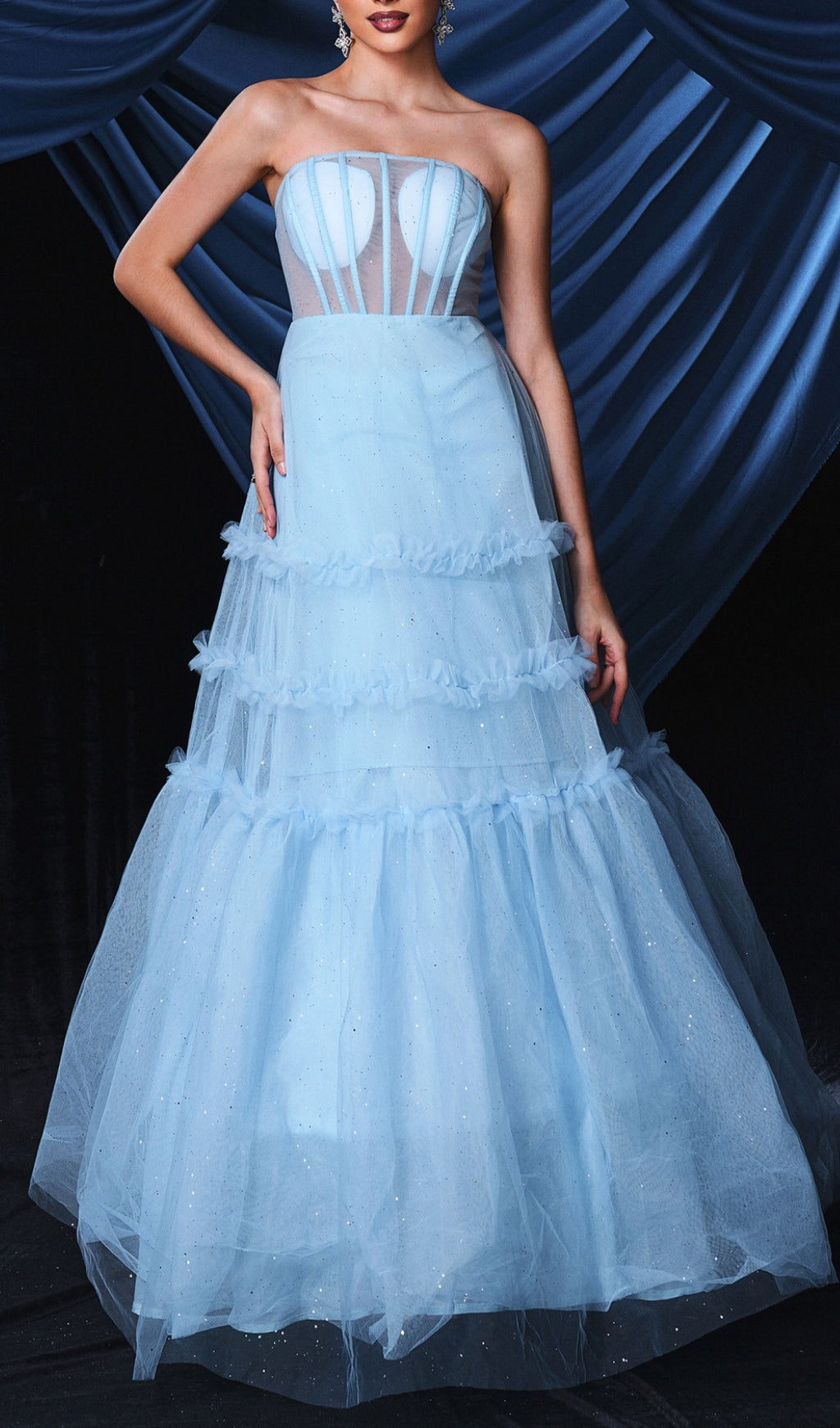 Borime Blue Corset Mesh Maxi Dress