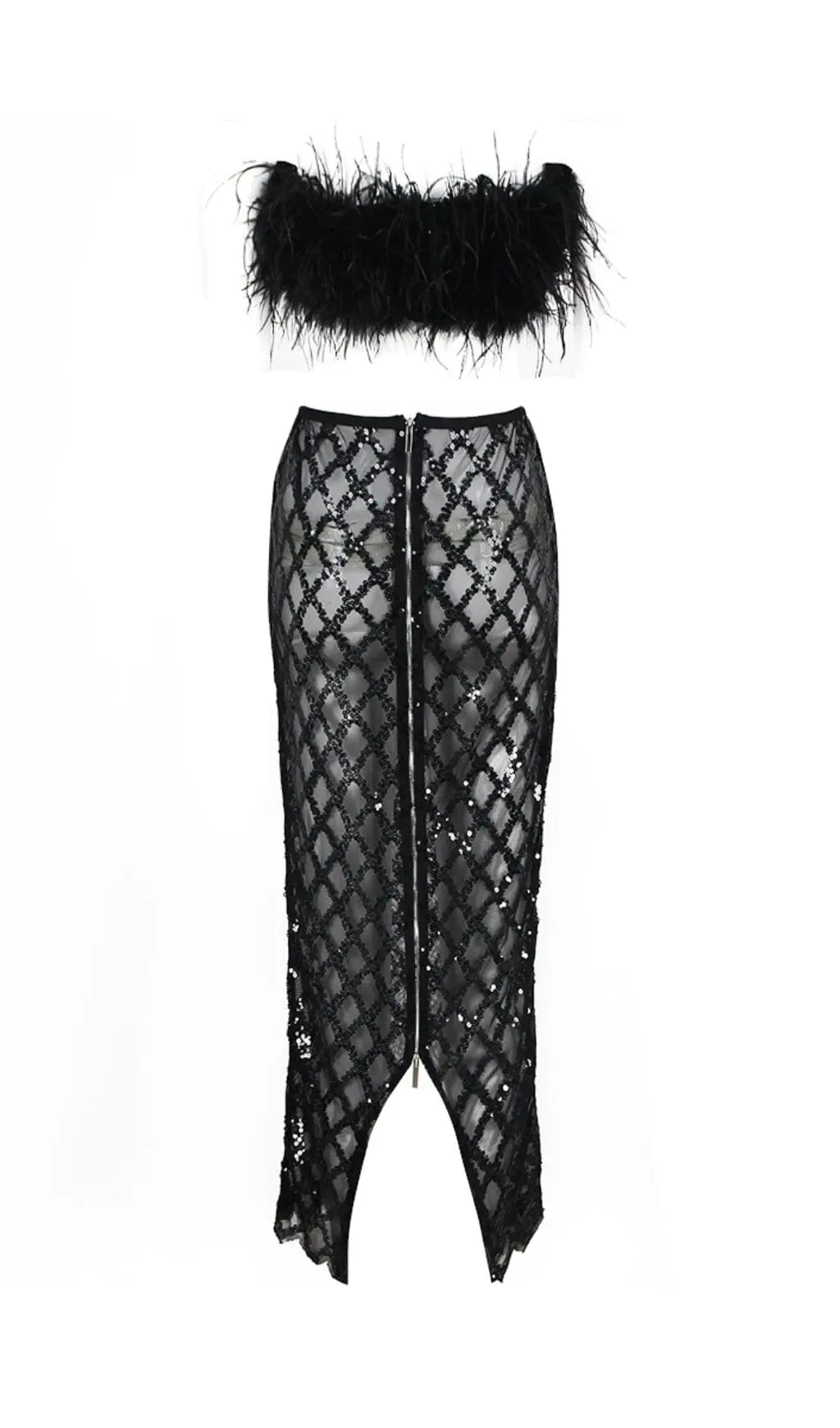 Feather Sequin Two Piece Set In Black