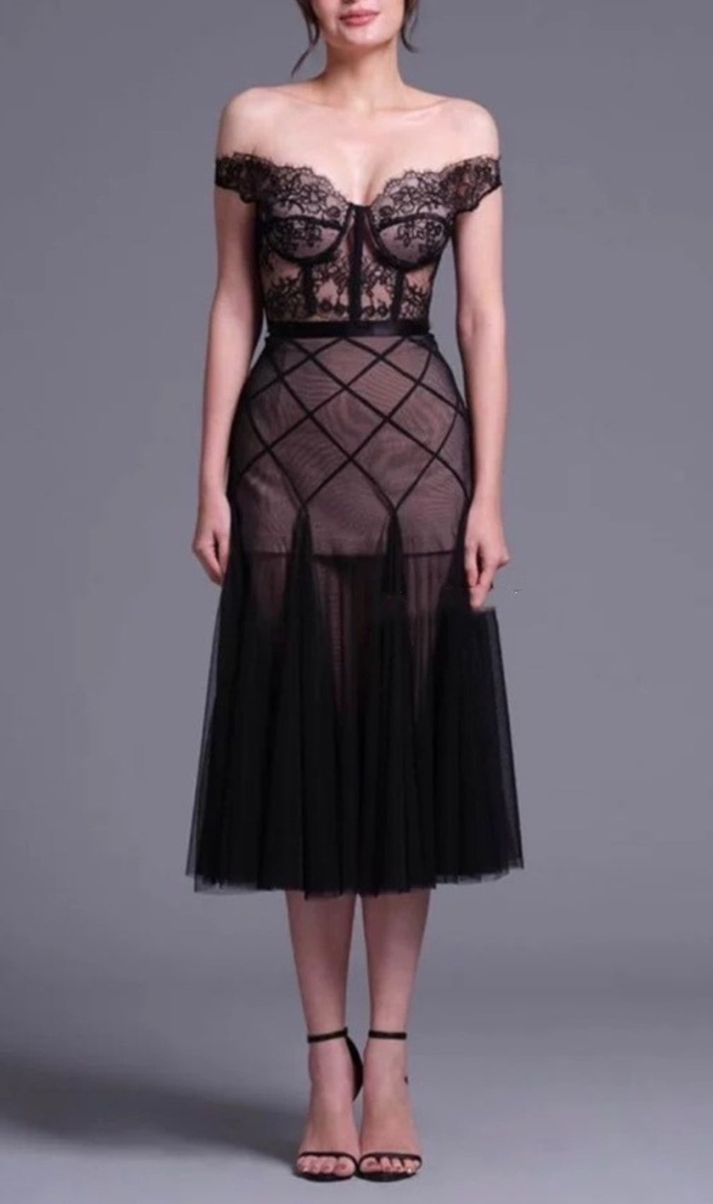 Devi Black Lace Top & Mesh Skirt Set