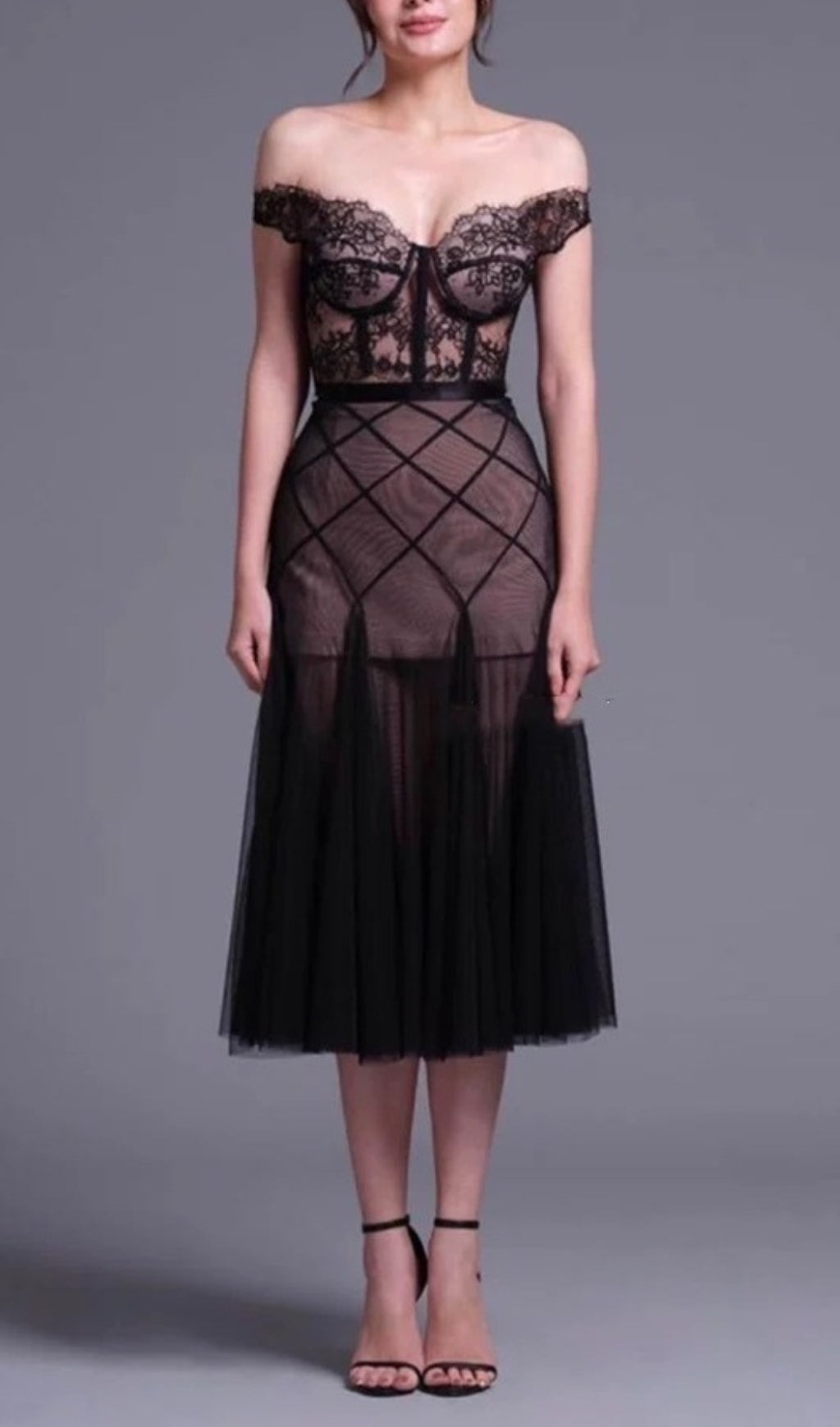 Devi Black Lace Top & Mesh Skirt Set