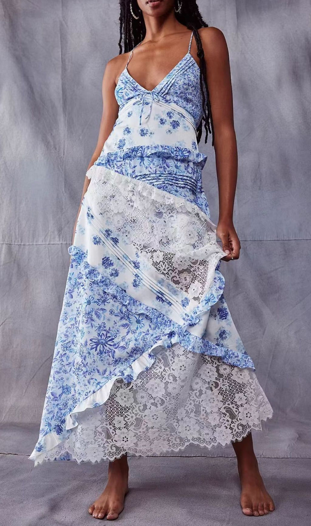 Georgia Blue Floral Lace V-Neck Maxi Dress | Romantic Boho Gown