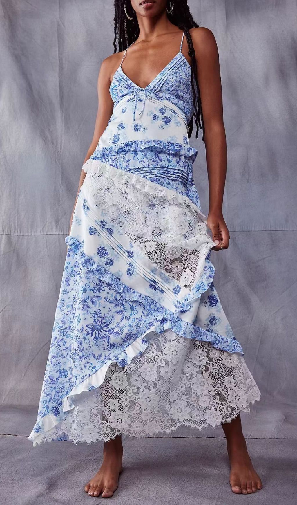 Georgia Blue Floral Lace V-Neck Maxi Dress | Romantic Boho Gown