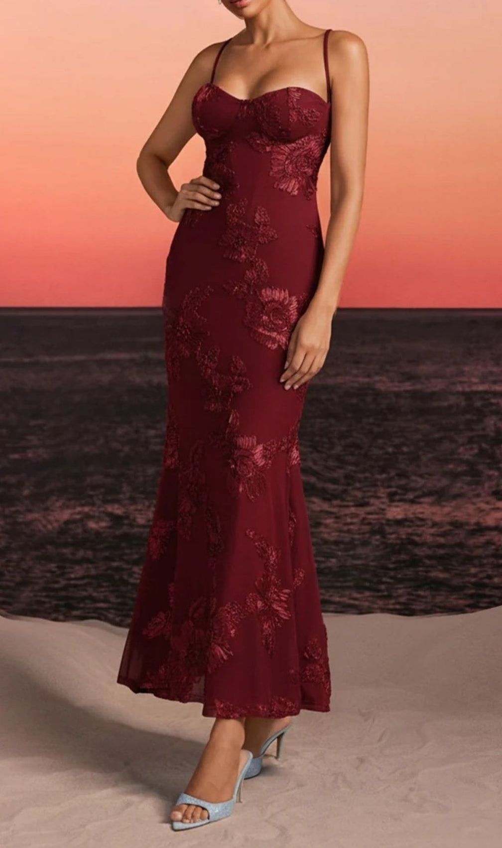 Zryne Spaghetti Embroidered Flower Maxi Dress In Wine