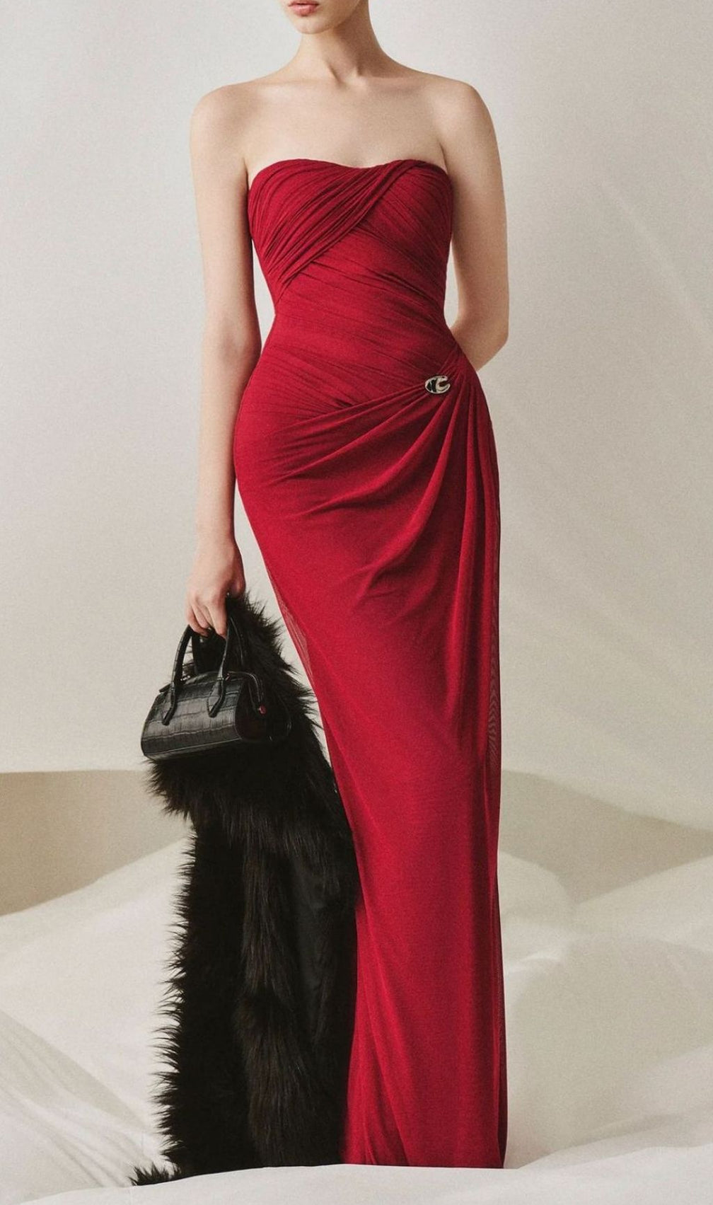 Lacey Red Ruched Maxi Dress