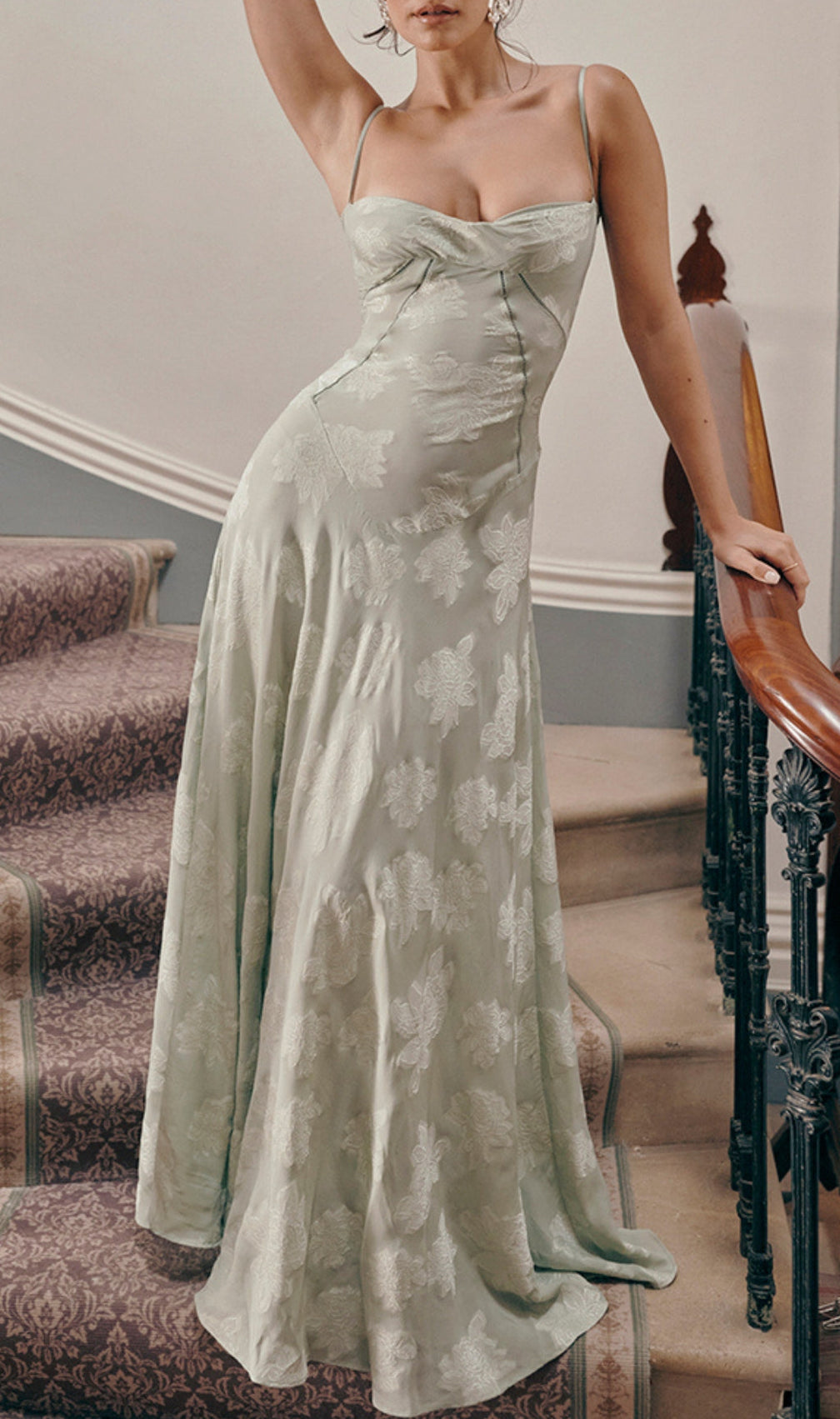 Billie Pistachio Floral Lace Back Maxi Dress