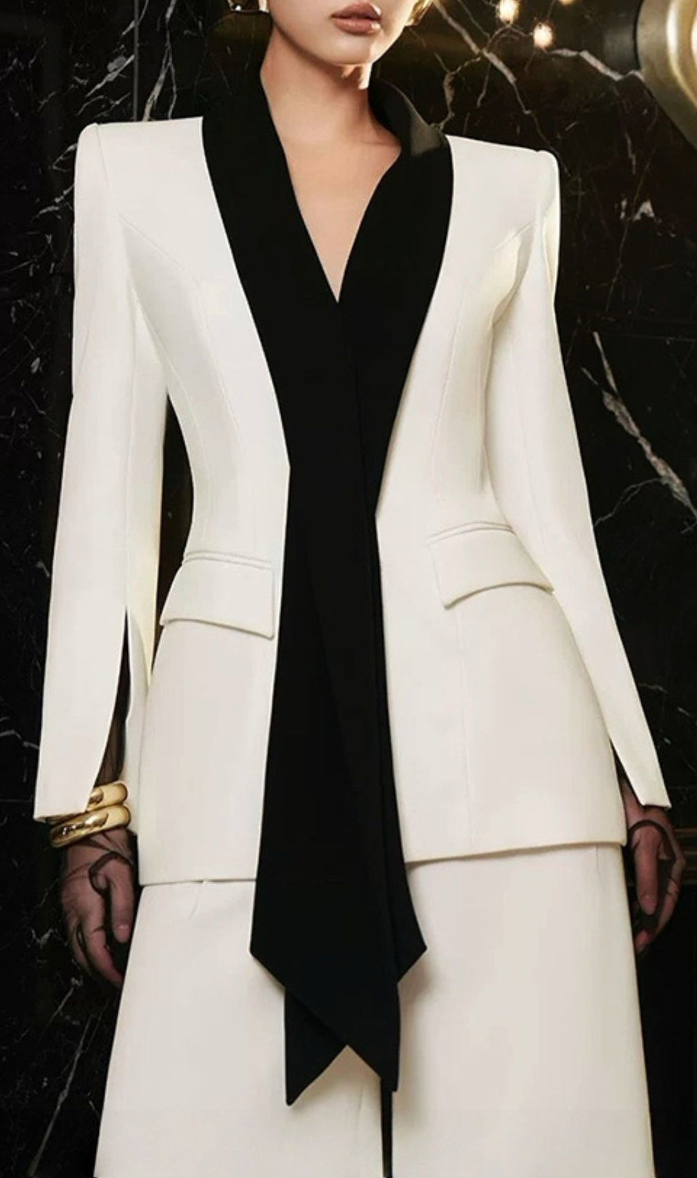 Himeko Luxe White Tuxedo Pantsuit | Elegant Blazer & Wide-Leg Trousers