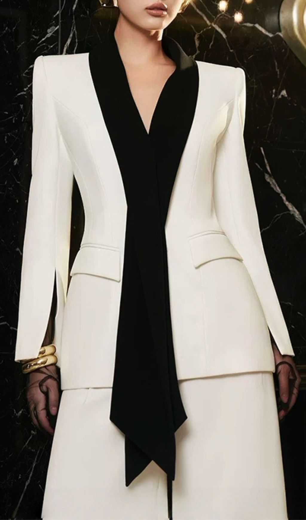 Himeko Luxe White Tuxedo Pantsuit | Elegant Blazer & Wide-Leg Trousers