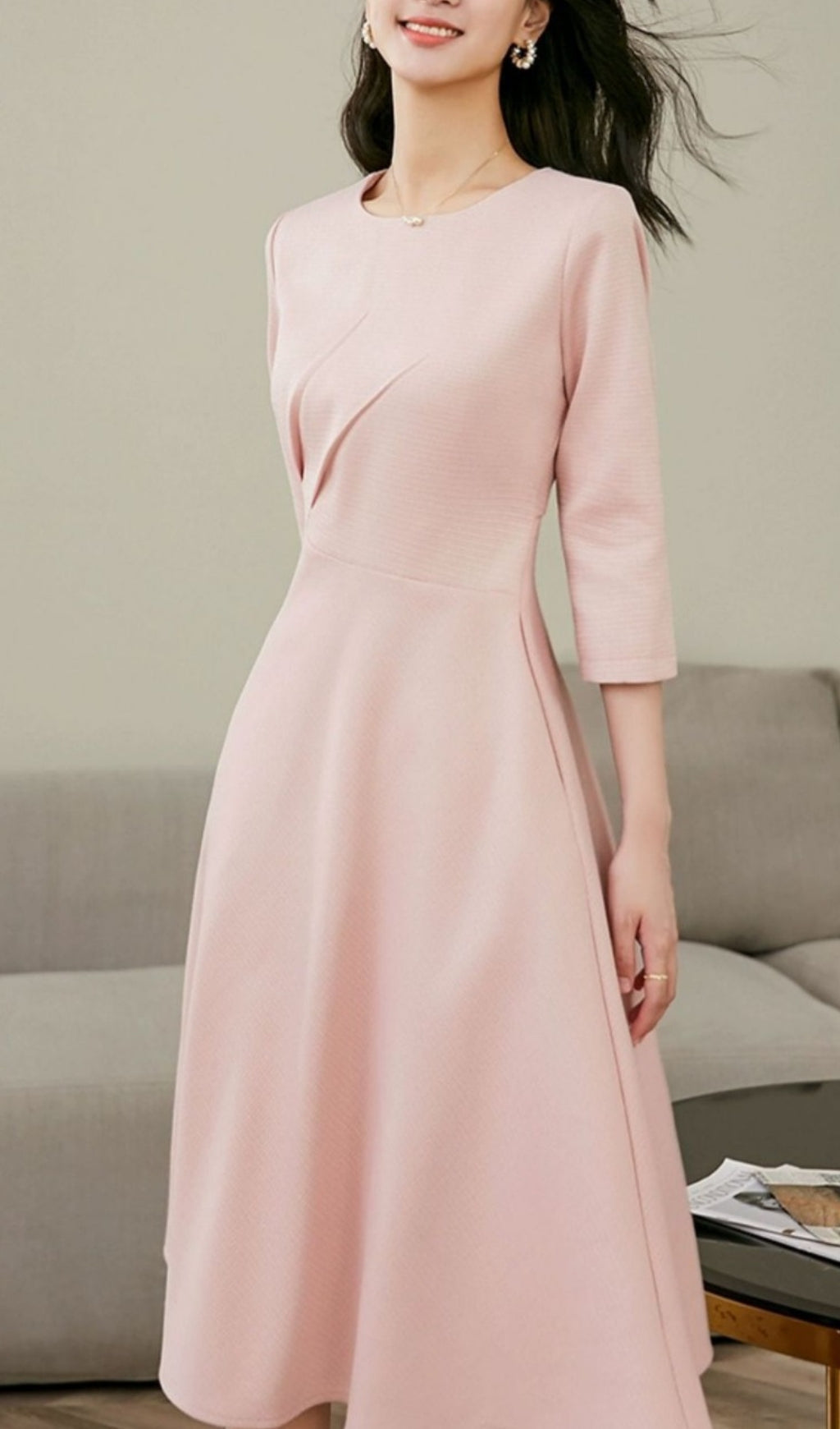 Elegant Pink Long Sleeve Midi Dress