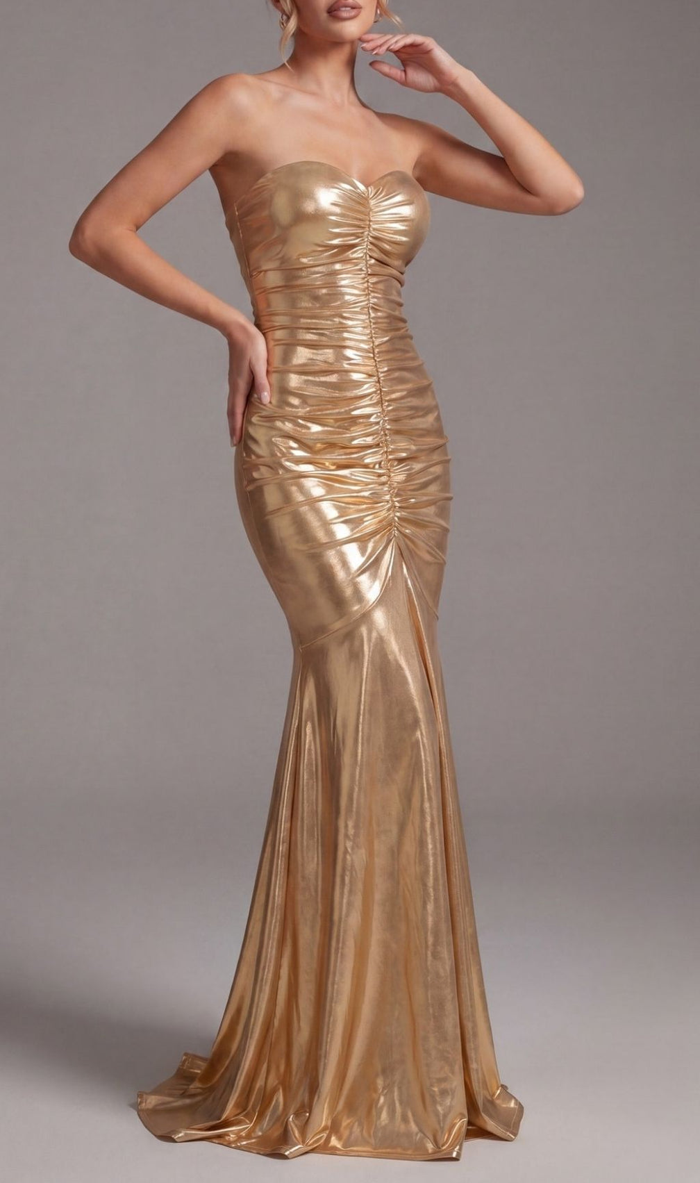 Khadijah Gold Strapless Ruched Maxi Dress - Your Red Carpet Moment Awaits