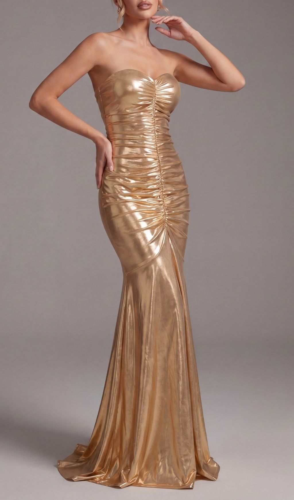 Khadijah Gold Strapless Ruched Maxi Dress - Your Red Carpet Moment Awaits