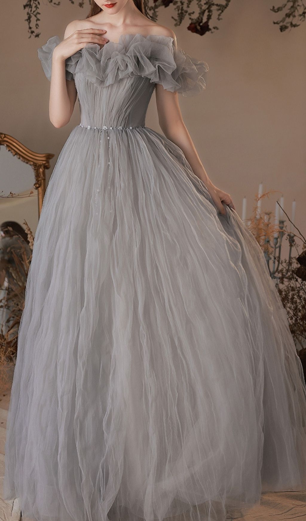 Kasey Grey Off-Shoulder Mesh Maxi Gown - Modern Elegance