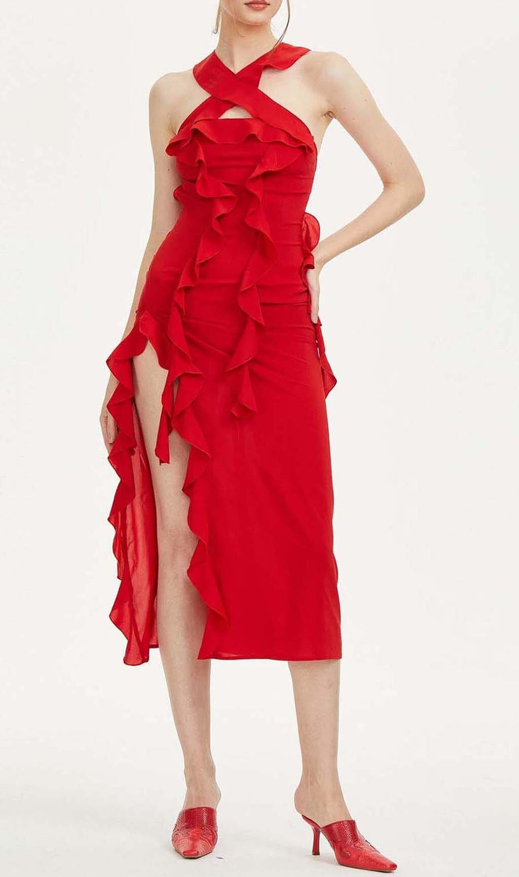 Strapless Ruffle Slit Midi Dress In Red