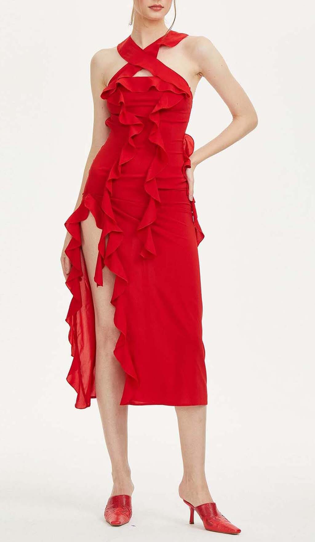 Strapless Ruffle Slit Midi Dress In Red