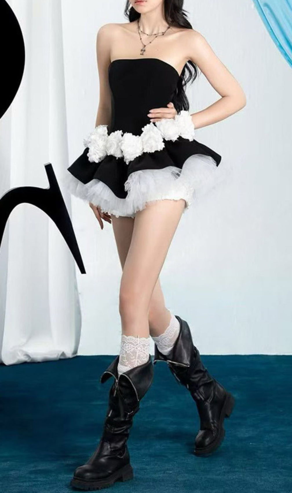 Ismeria Black Strapless Pompom & Tulle Mini Set – Edgy Coquette Style for Women