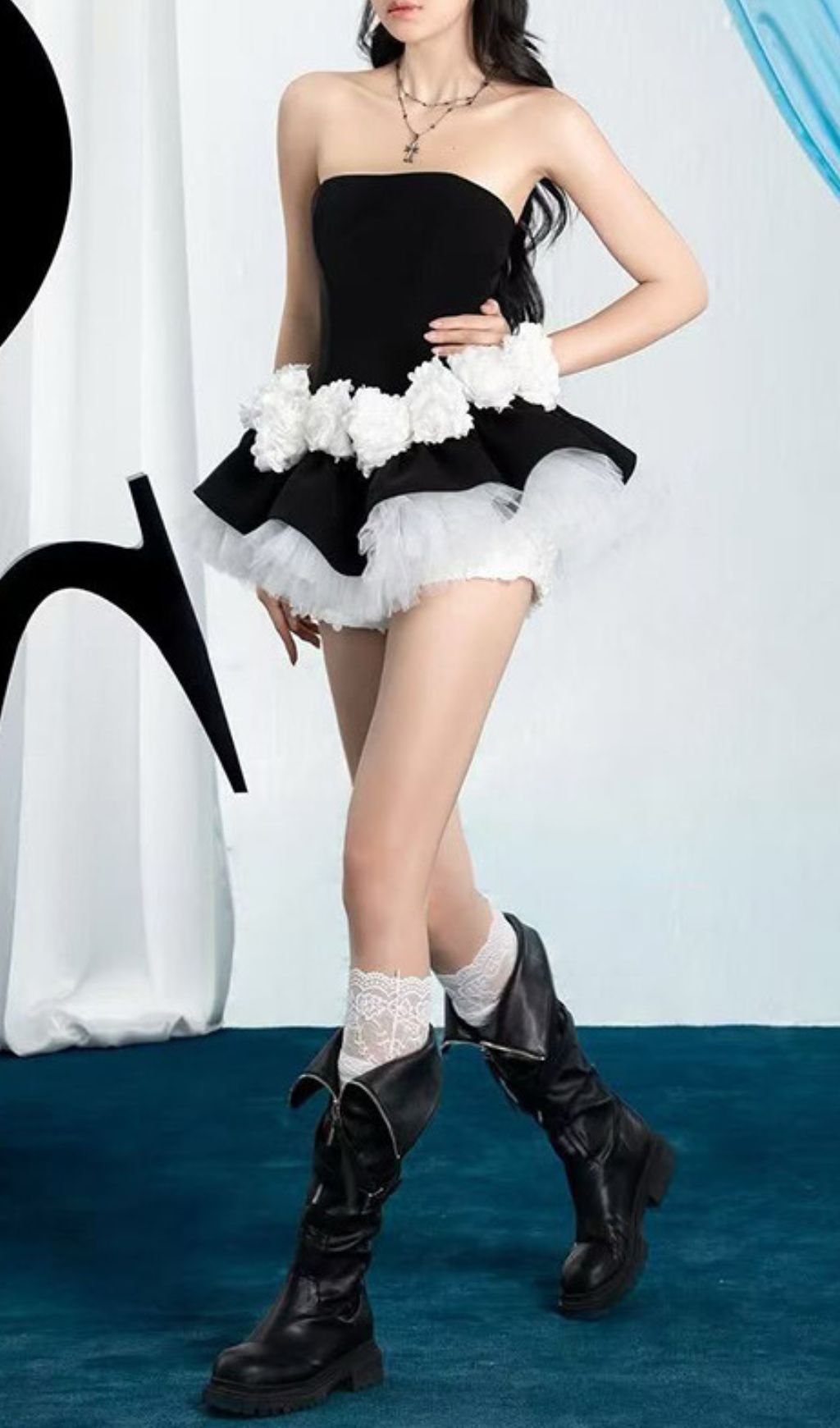 Ismeria Black Strapless Pompom & Tulle Mini Set – Edgy Coquette Style for Women