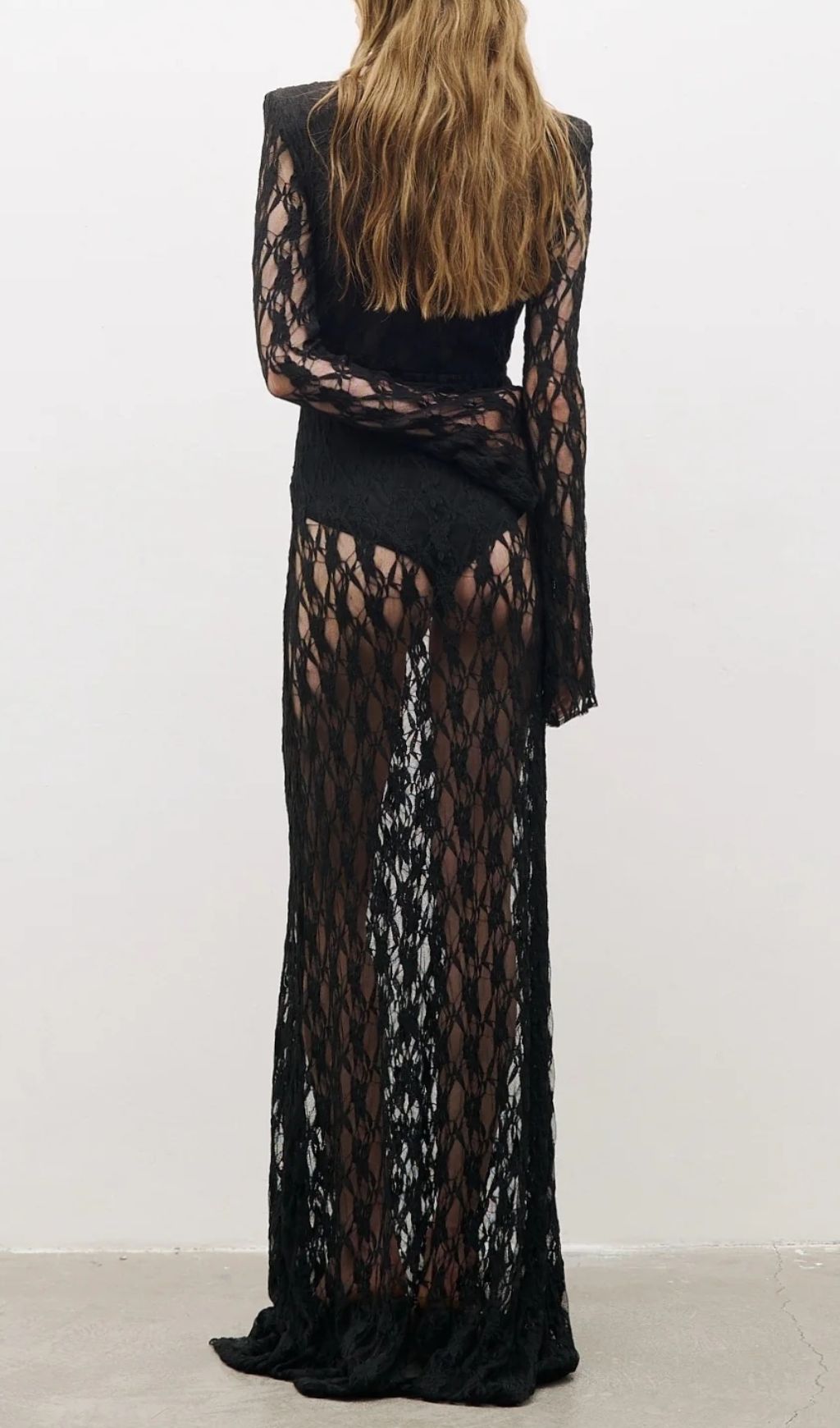 Jemma Black Sheer Lace Maxi Dress | Deep V-Neck Long Sleeve Evening Gown