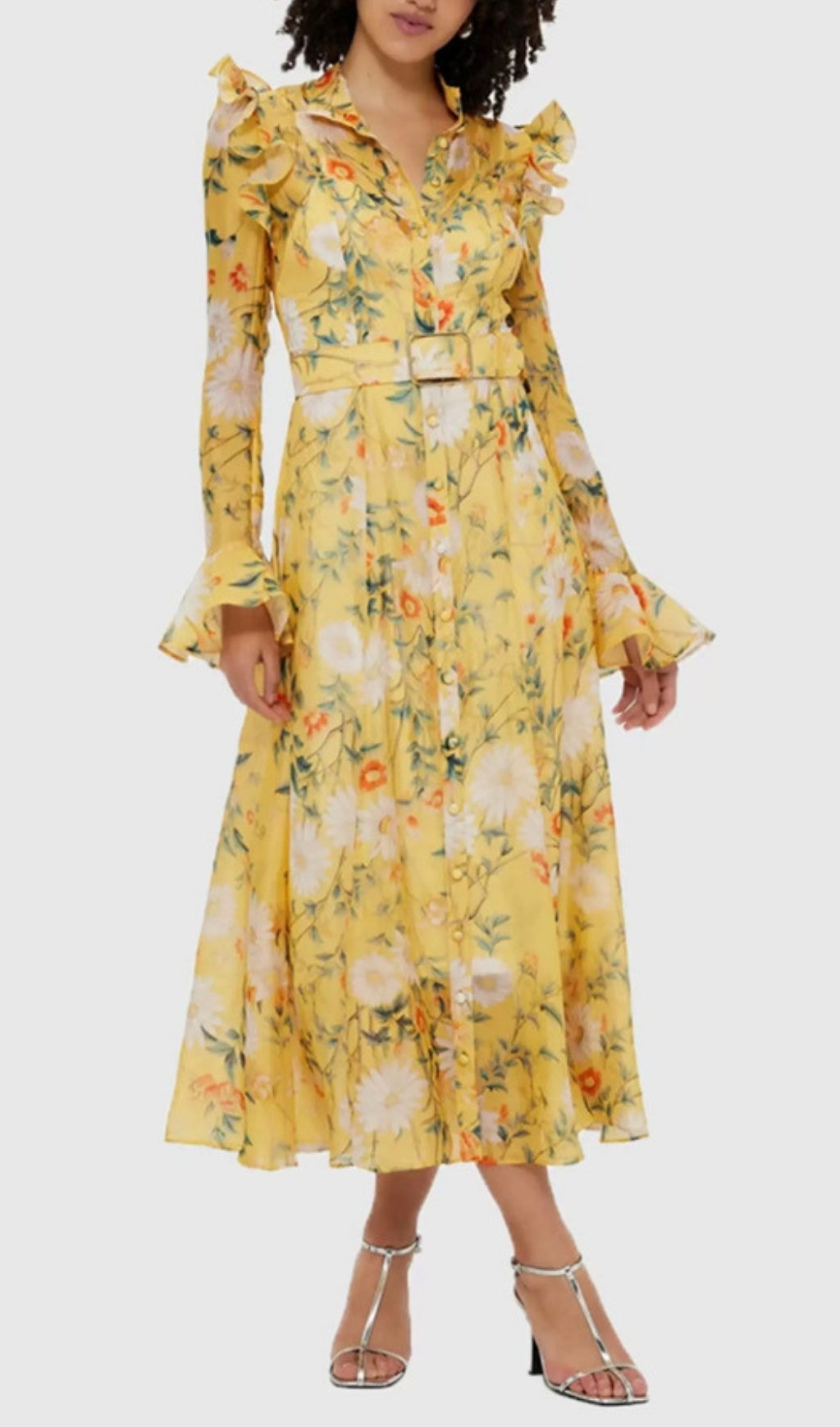 Eder Yellow Floral Long Sleeve Midi Dress