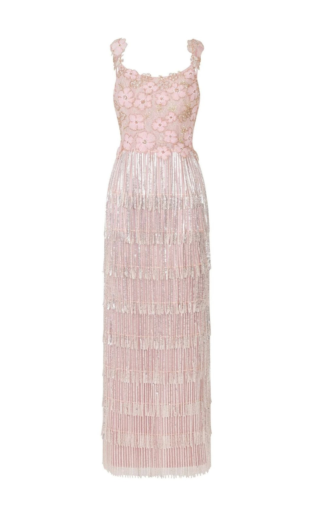 Katrice Floral & Sequin Fringe Maxi Dress - Strappy Boho Glam Gown