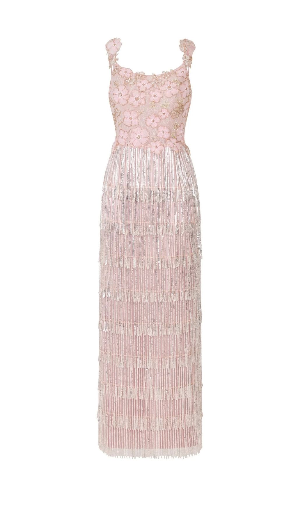 Katrice Floral & Sequin Fringe Maxi Dress - Strappy Boho Glam Gown
