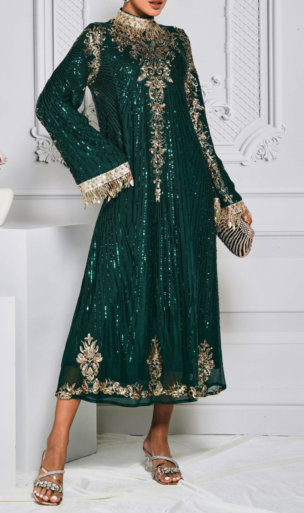 Crispina Green Sequin Long Sleeve Midi Dress