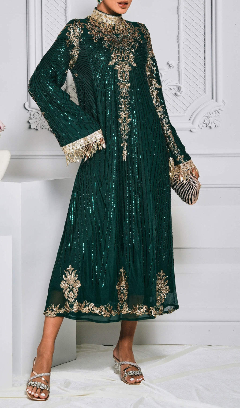 Crispina Green Sequin Long Sleeve Midi Dress