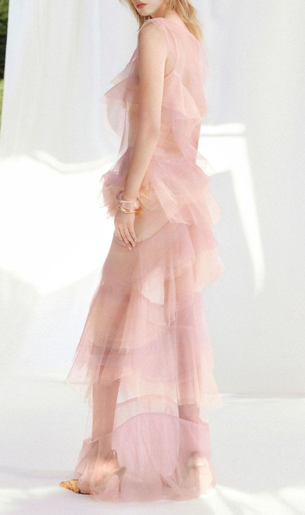 Kline Gradient Pink Ruffle Mesh Flower Maxi Dress