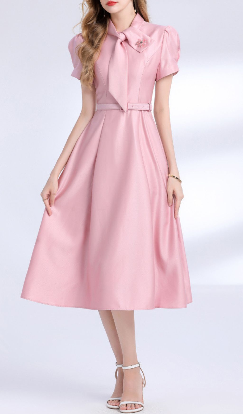 Funa Pink Bow Tie Midi Dress