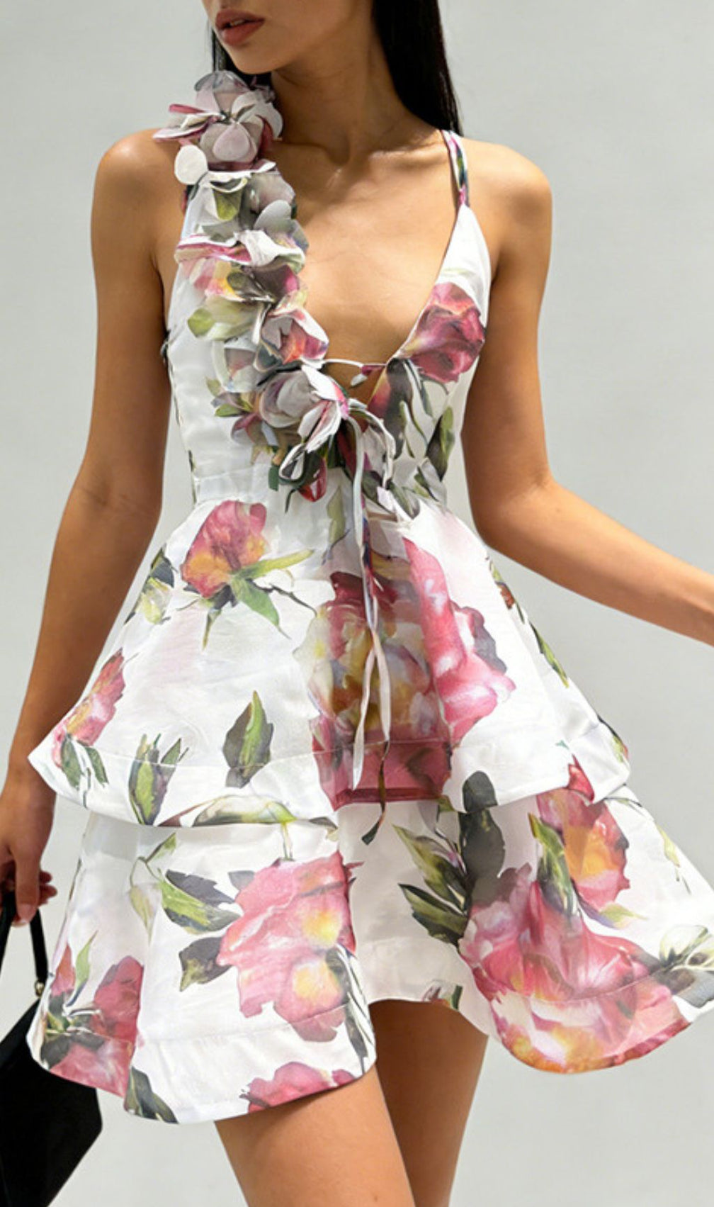 The Jadey: Vibrant Floral Tiered Mini Dress with Asymmetrical Petal Strap