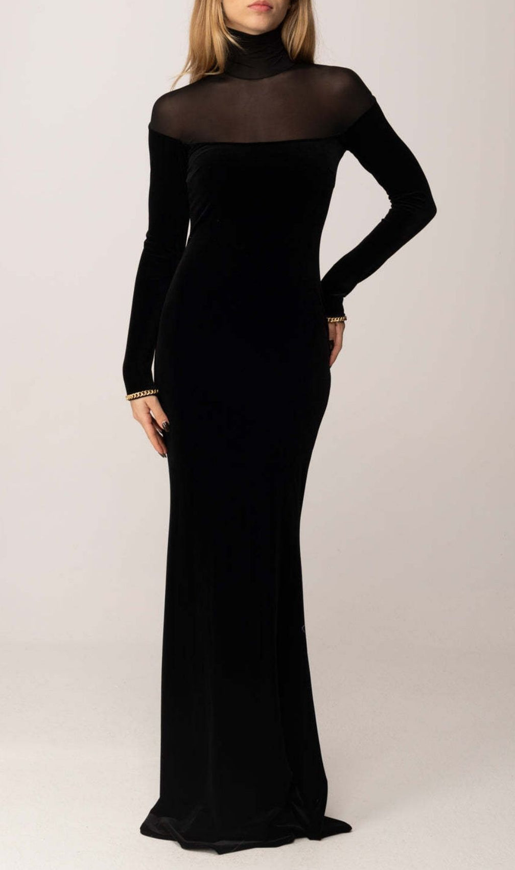 Katie Black Velvet & Mesh Long Sleeve Maxi Dress | Elegant Evening Gown