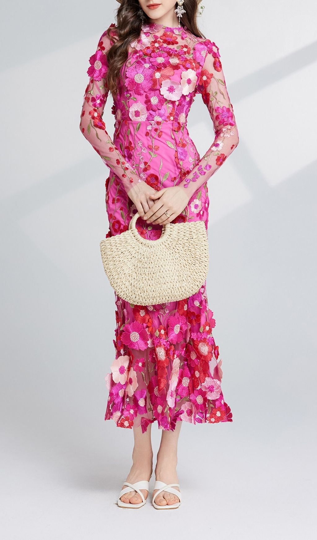 Carol Rose Red Floral Embroidery Mesh Fishtail Long Sleeve Midi Dress