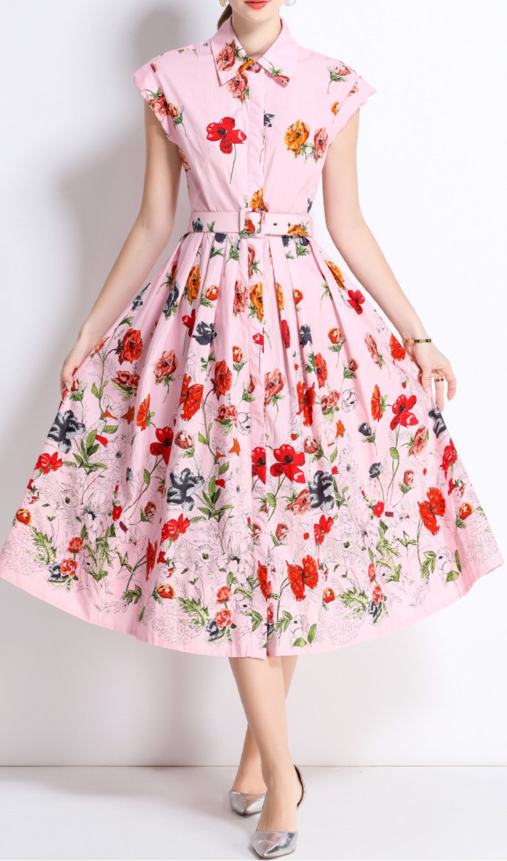 Fusca Pink Flower Printed Midi Dress