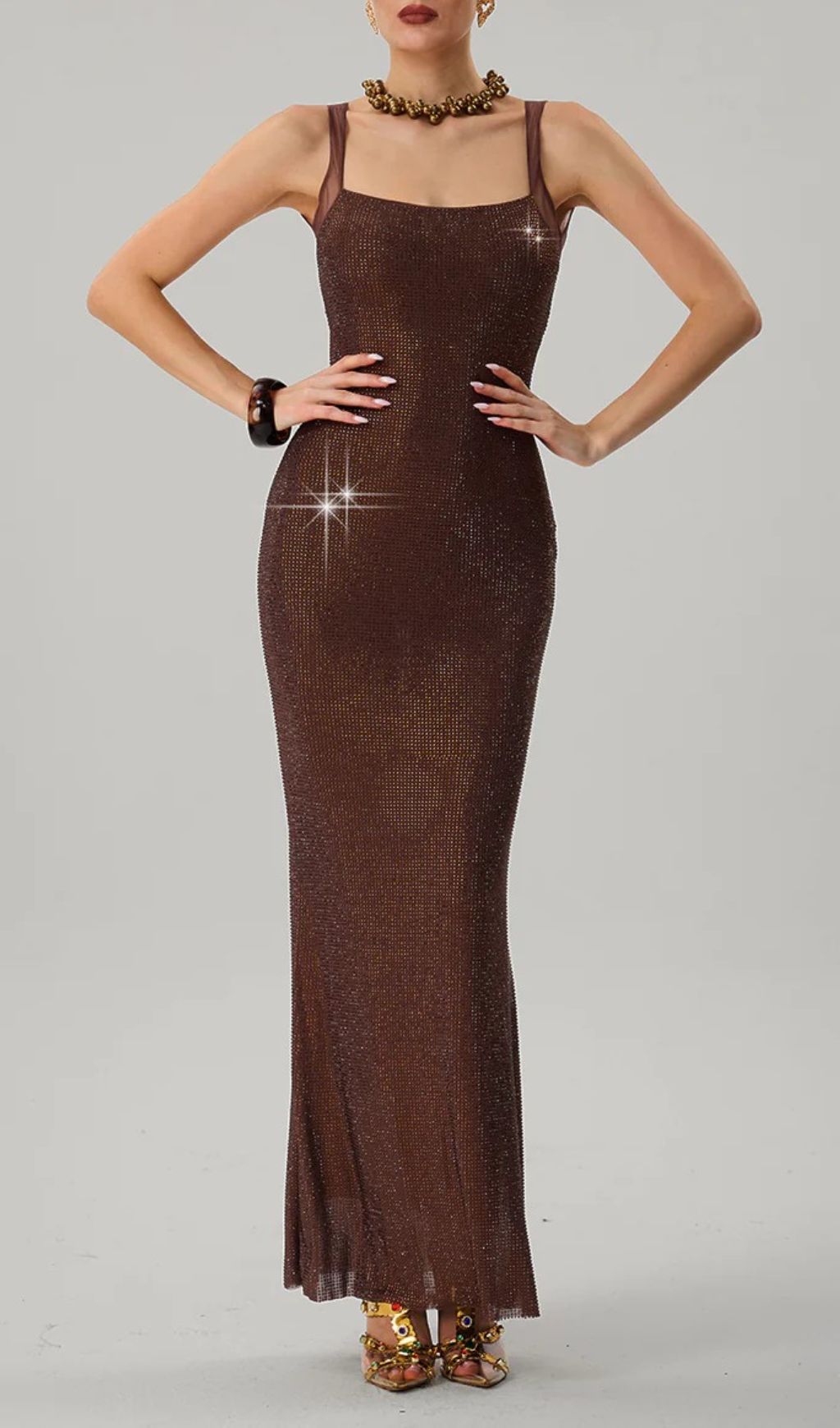 Dazzling Brown Backless Rhinestone Maxi Dress | Glamorous Evening Wear