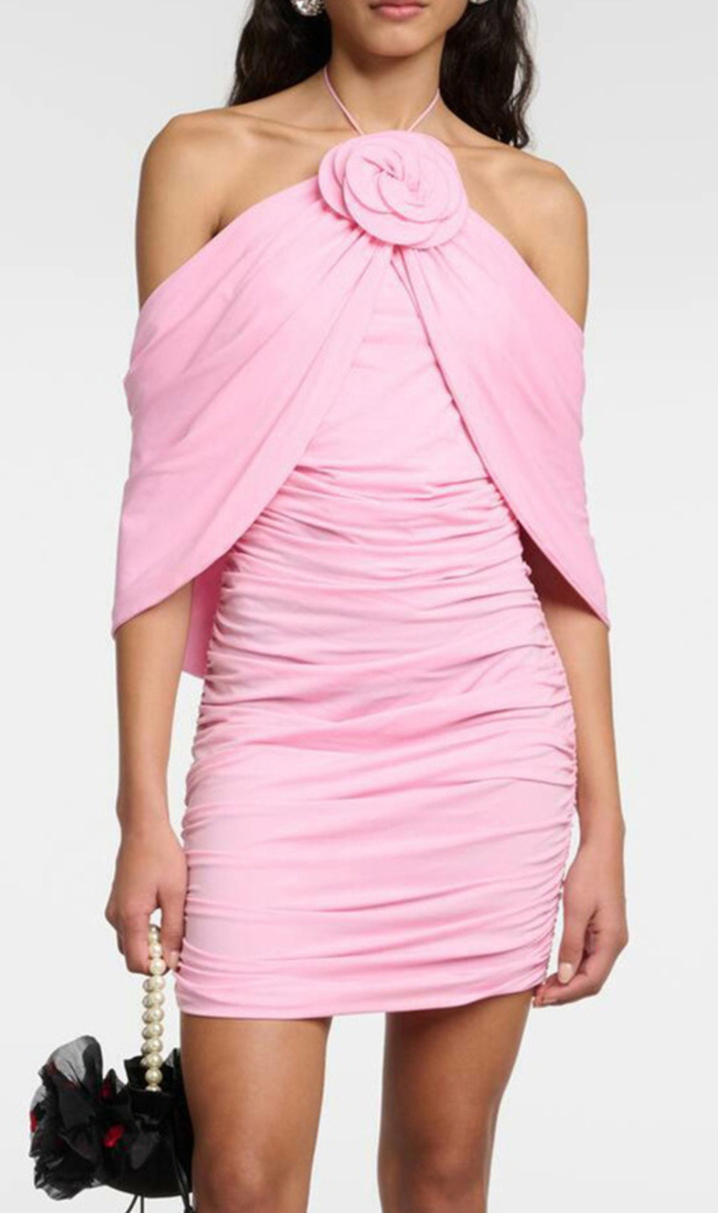 Brick Pink Halter Flower Draped Mini Dress