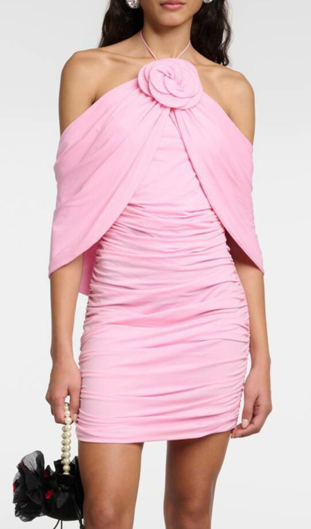 Brick Pink Halter Flower Draped Mini Dress