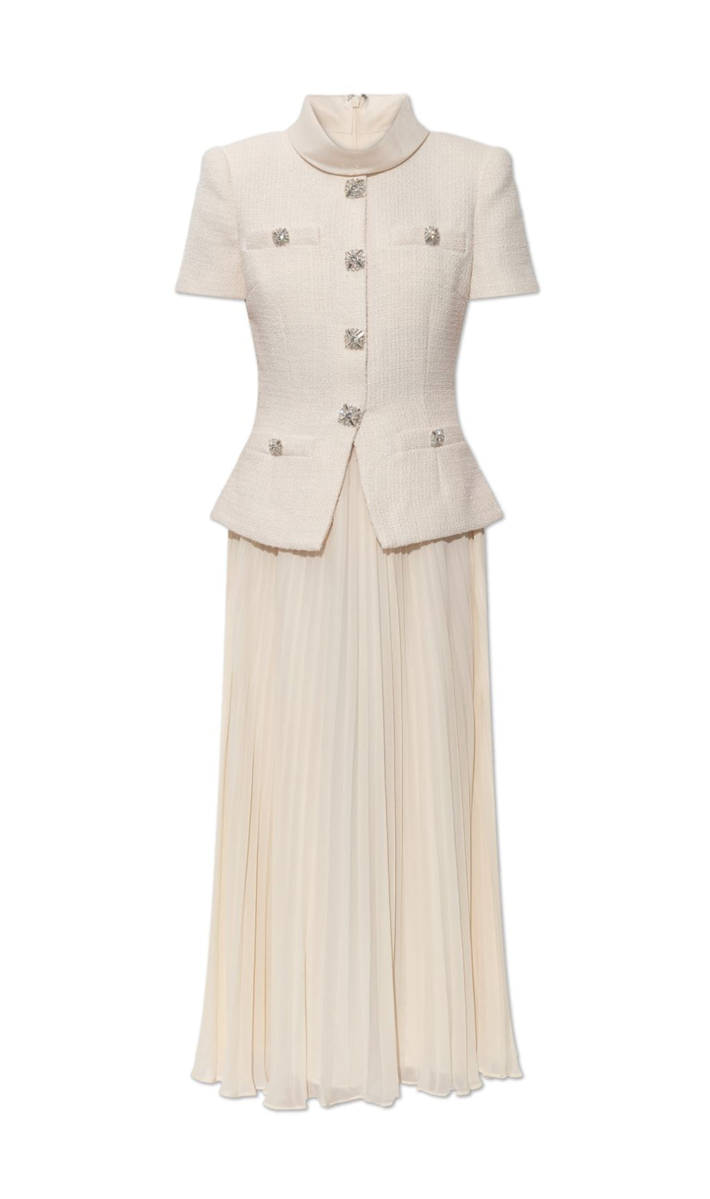 Elegant Cream Embellished Tweed-Style & Pleated Midi Dress