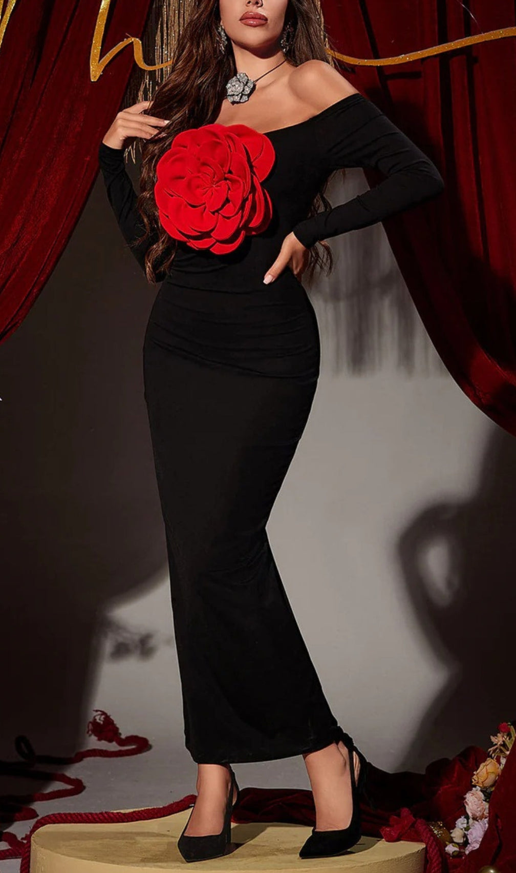 Arlene Off Shoulder Red Flower Maxi Dress