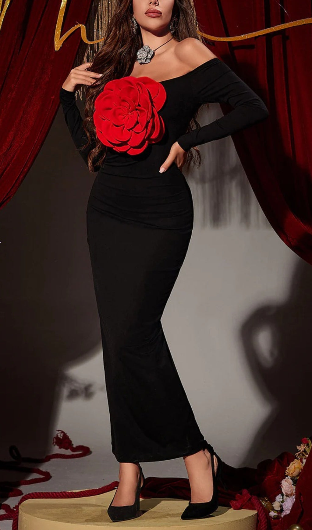 Arlene Off Shoulder Red Flower Maxi Dress