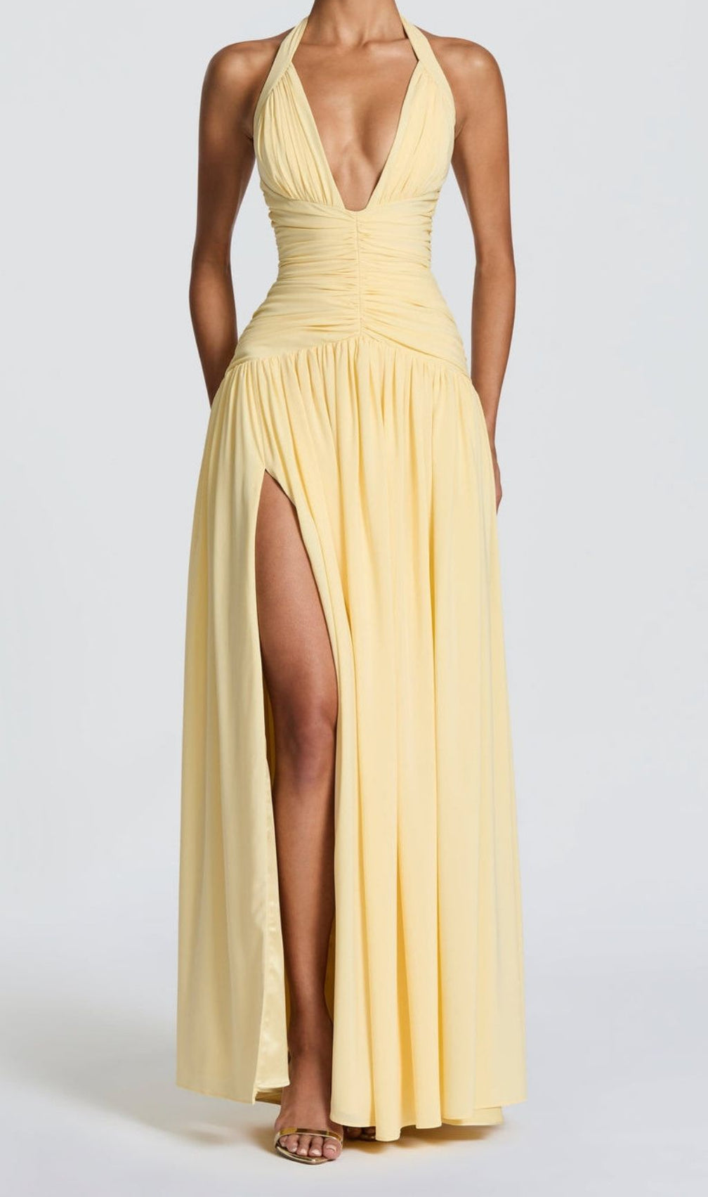 Kelley Radiant Yellow Halter Ruched Maxi Gown with High Slit