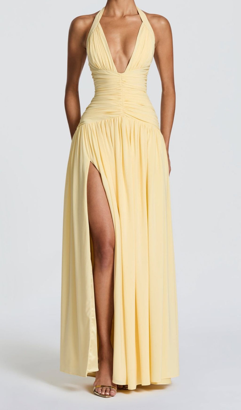 Kelley Radiant Yellow Halter Ruched Maxi Gown with High Slit