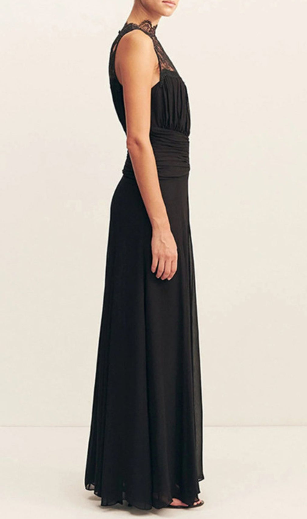 Iona Elegant Black Lace Ruched Sleeveless Maxi Gown