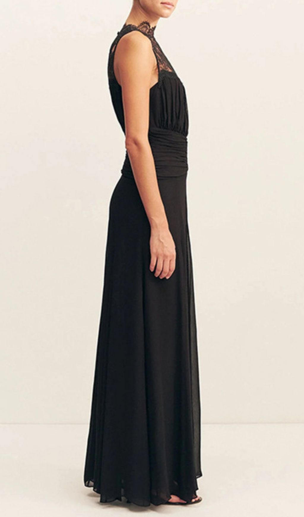 Iona Elegant Black Lace Ruched Sleeveless Maxi Gown