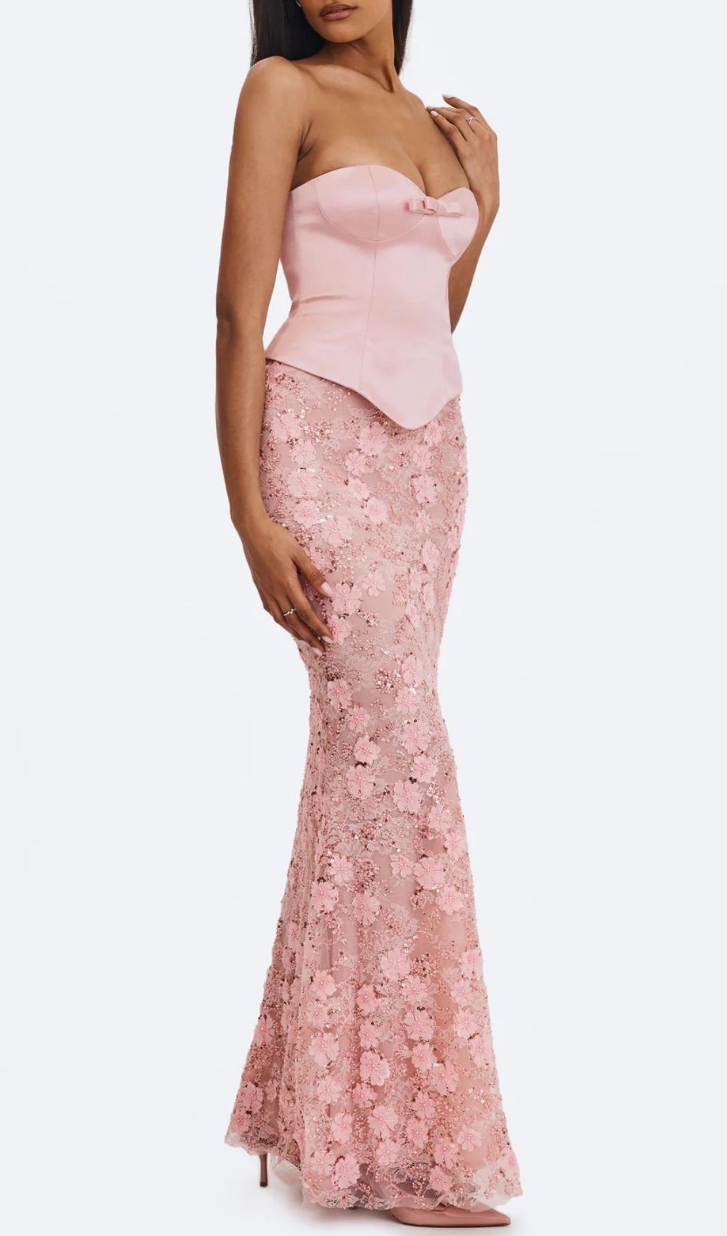 Elegant Kerith Pink Floral Strapless Maxi Dress | Prom & Formal Gown