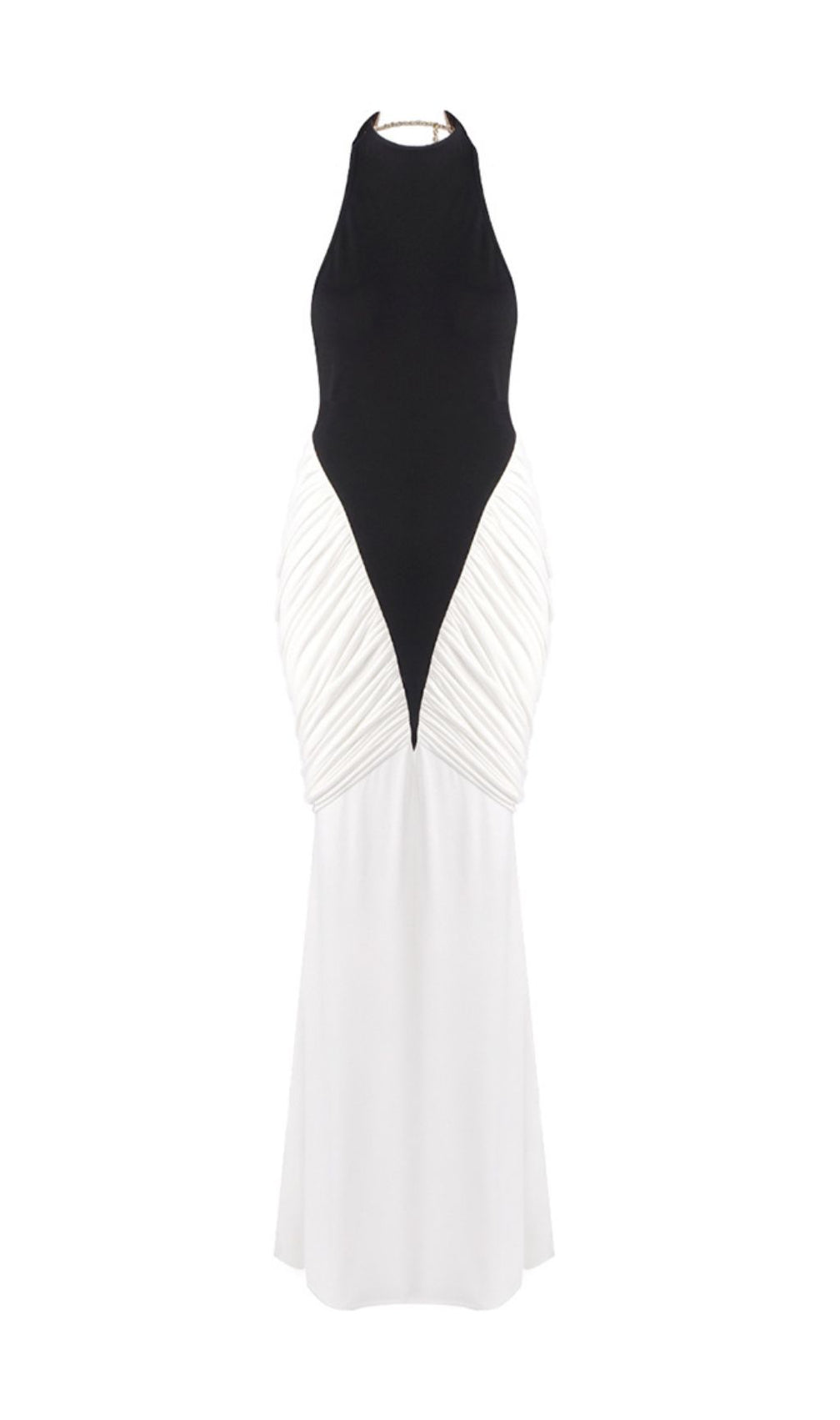 Itzel Black & White Halter Backless Maxi Dress - Ruched Gala Gown