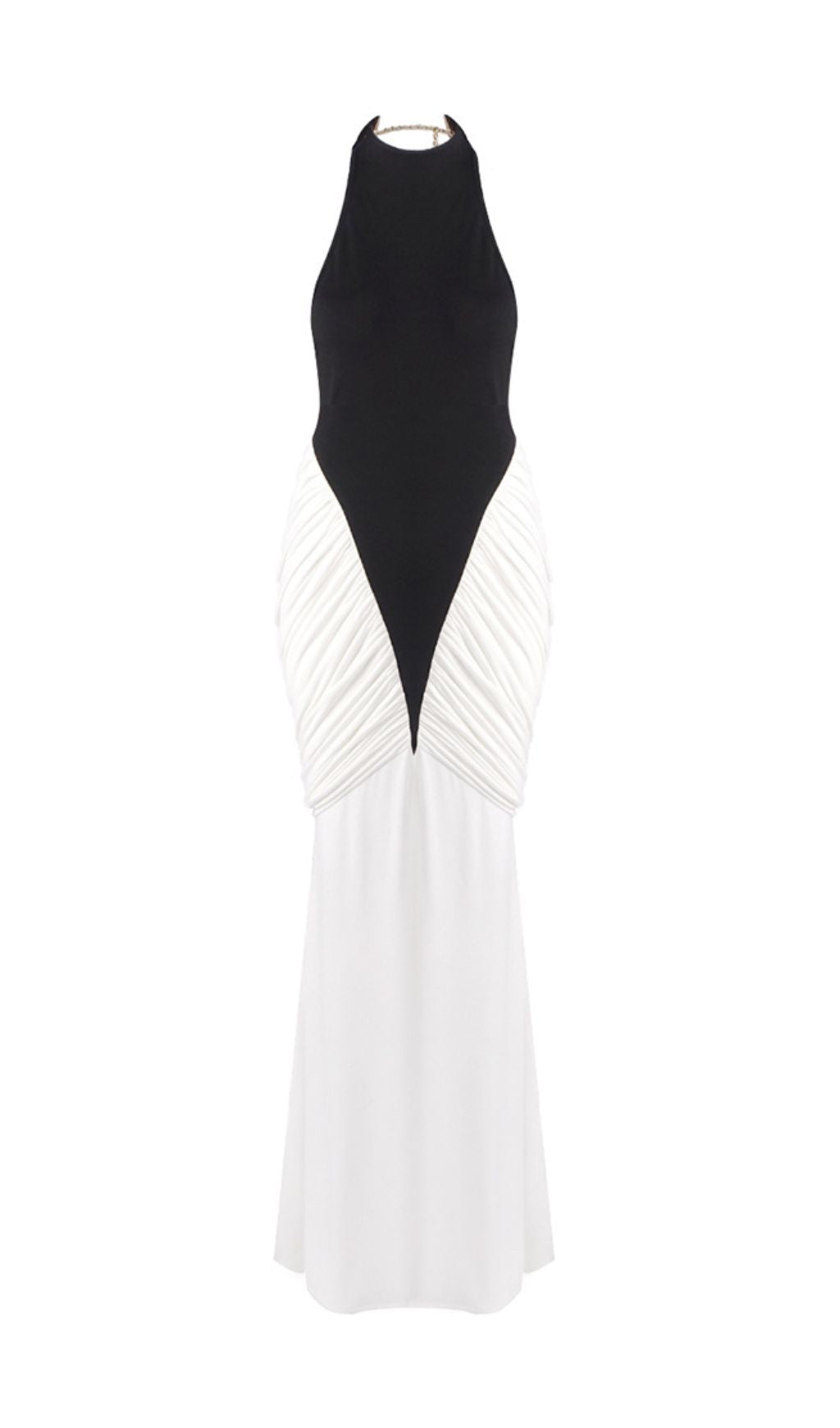 Itzel Black & White Halter Backless Maxi Dress - Ruched Gala Gown
