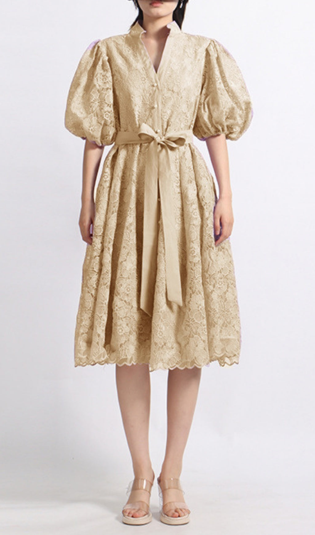 Emeril Puff-Sleeve Embroidery Midi Dress