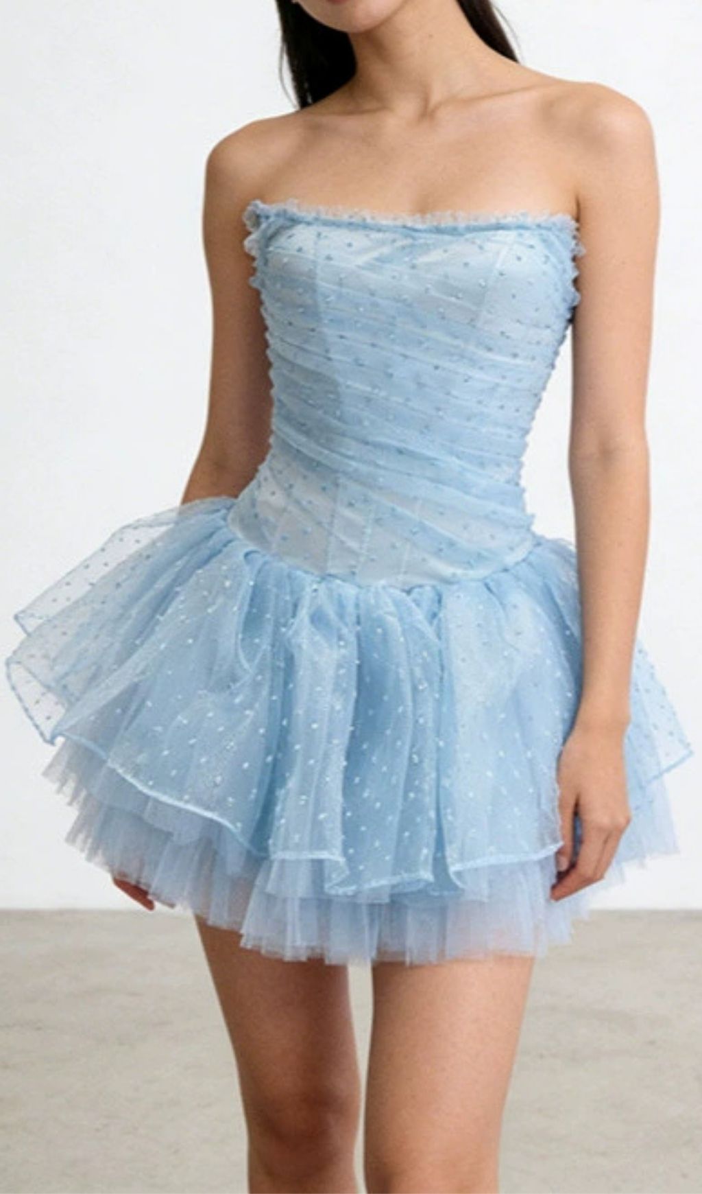 Kerra Dreamy Sky Blue Strapless Sparkle Tulle Mini Dress